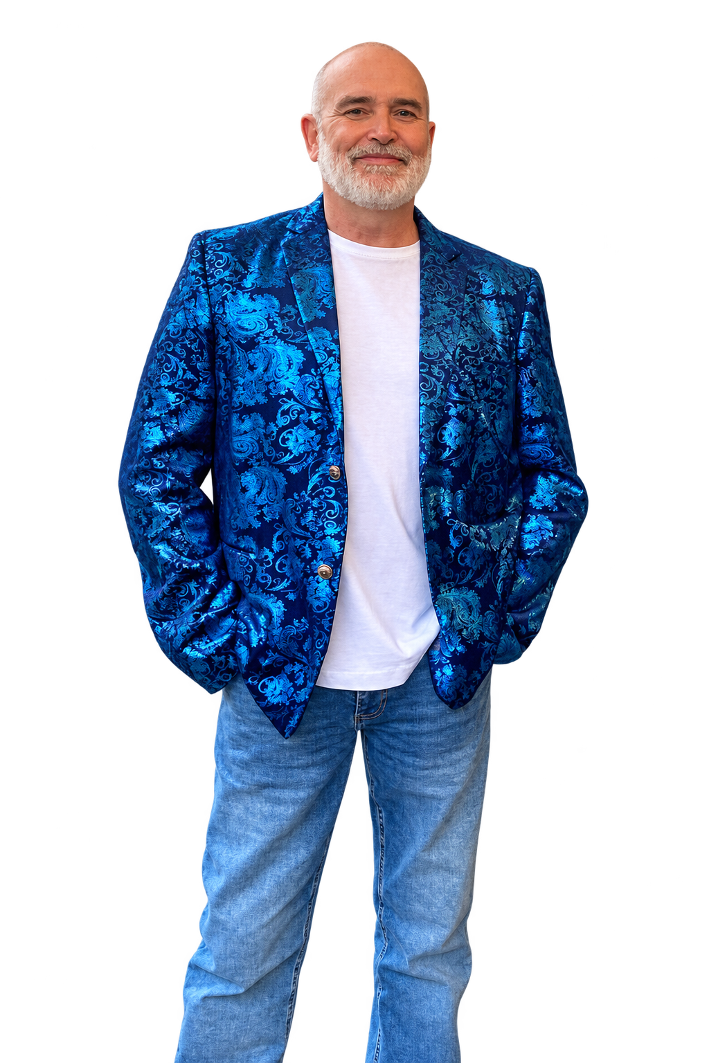 Paul Stevenson smiling in a blue paisley jacket and white T-shirt